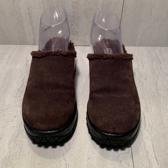 Riverstone Brown Leather Upper Brown Fur Lining Flat Platform Mule Clogs Size 6B - Picture 1 of 12